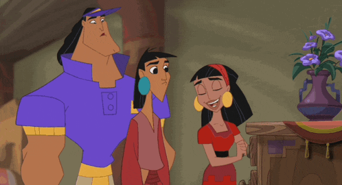 a group of cartoon characters standing next to each other with a vase of flowers in the background