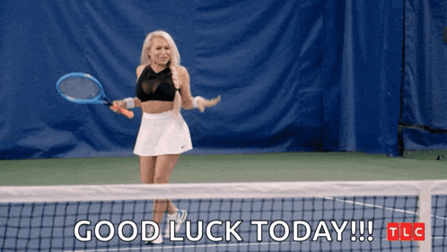 a woman holding a tennis racquet on a tennis court with the words good luck today written below her