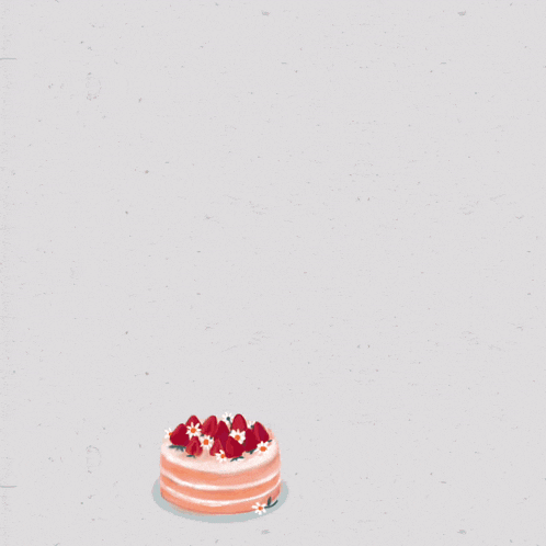 a cake with strawberries on it sits in front of a pile of pink flowers