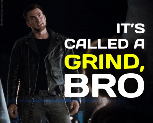 a man in a leather jacket stands next to a sign that says it 's called a grind bro
