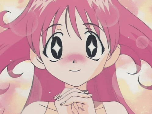 a cartoon girl with pink hair and a diamond in her eye