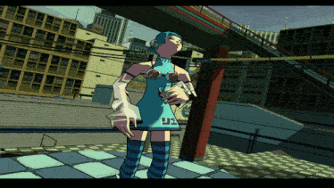 a cartoon drawing of a girl in a blue dress with the letters ue on her chest