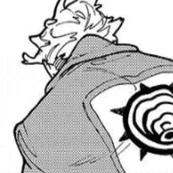 a black and white drawing of a man in a hoodie with a spiral on his back .