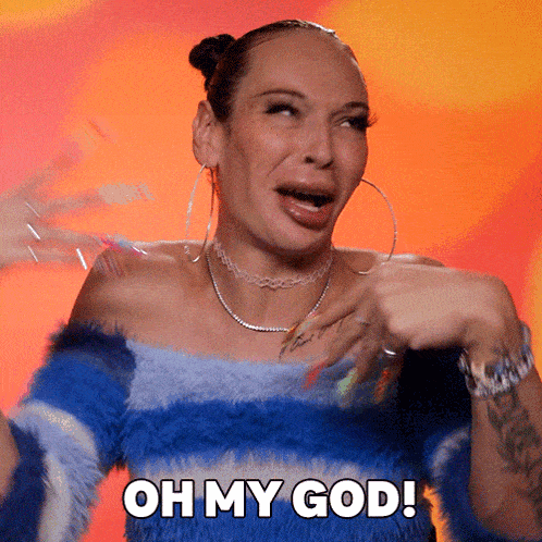a woman in a blue and white striped sweater says " oh my god "
