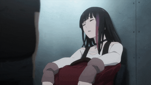 a girl with long black hair is sleeping in a chair with her eyes closed