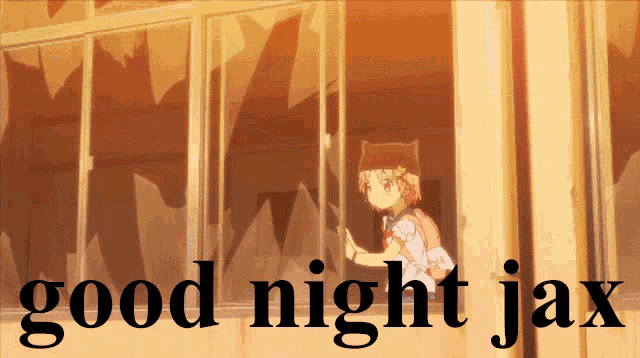 a picture of a girl looking out a window with the words " good night jax " below her
