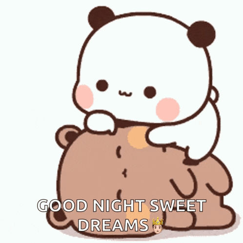 a panda bear is sitting on top of a brown bear with the words good night sweet dreams written on the bottom