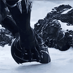 a close up of a person 's foot wearing a black panther helmet .