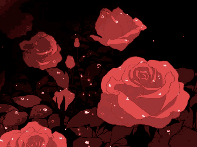 a bunch of red roses are surrounded by black leaves