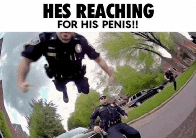 two police officers are jumping in the air with the words hes reaching for his penis