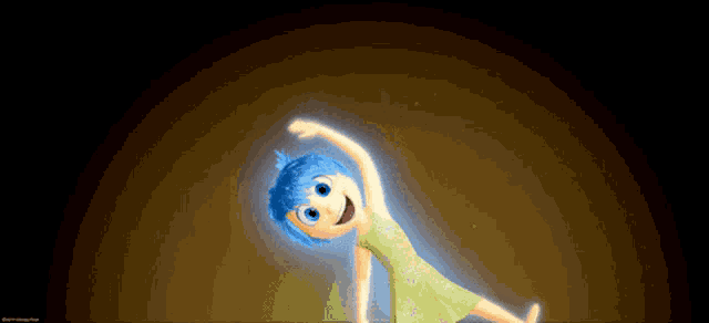 a cartoon character with blue hair and a yellow dress dancing