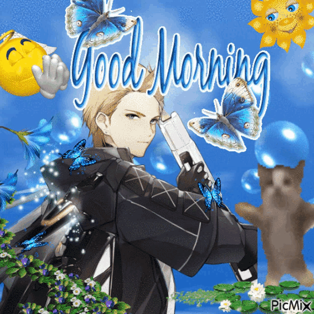 a picture of a man holding a gun with the words good morning on it