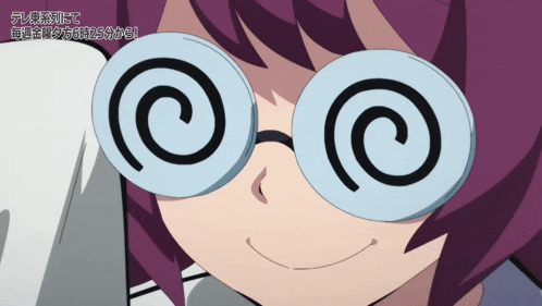 a girl with purple hair wearing glasses with a spiral on them