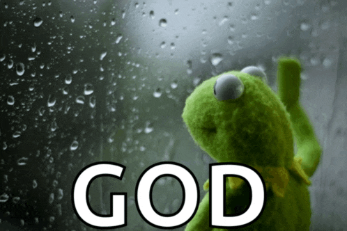 kermit the frog looking out a window with the word god written on the bottom