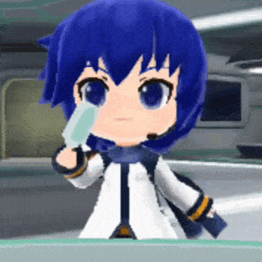 a cartoon character with blue hair is holding an ice cream cone in his hand .