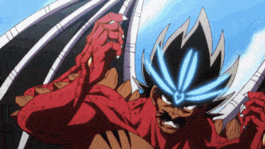 a cartoon character with red arms and a blue glowing head