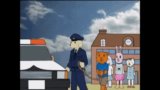 a cartoon of a police officer holding a chain around a group of animals