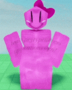 a pink robot with a bow on its head and arms is standing on a green field .