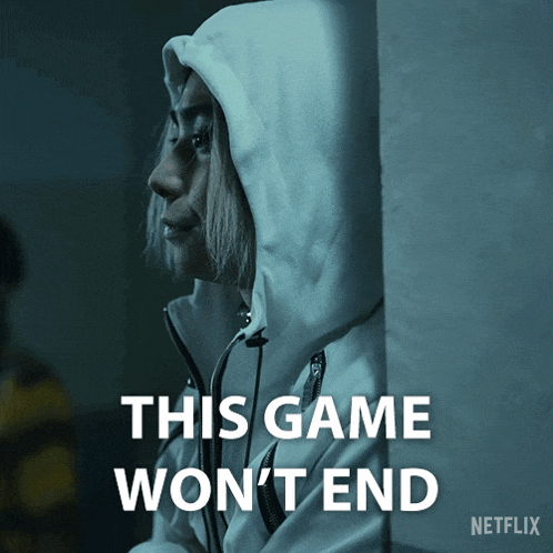 a woman leaning against a wall with the words " this game won 't end " on the bottom