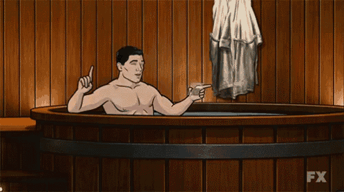 a cartoon of archer taking a bath in a tub
