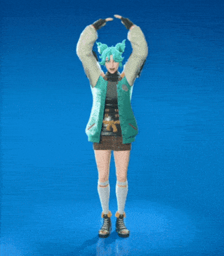 a girl with green hair and a green jacket stands with her arms outstretched