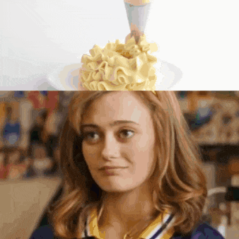 a girl with a plate of food on her head and a picture of a girl with a cupcake on her head