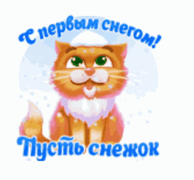 a cat with its eyes closed and the words " c первым снегом " on the bottom