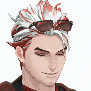 a man with red white and black hair and sunglasses on his head