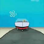 a cartoon car is driving down a road next to a flower in the sky .