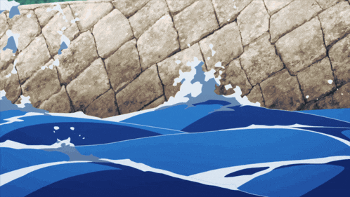 waves crashing against a stone wall in the background