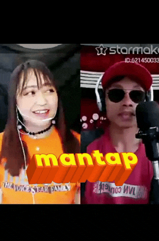 a man and a woman are standing next to each other with the word mantap in orange letters