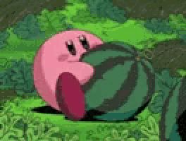 kirby is holding a watermelon in his mouth .