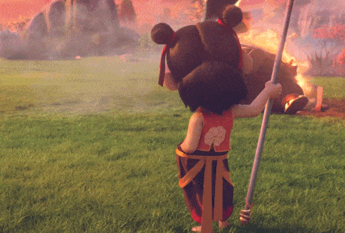 a little girl holding a pole in a field