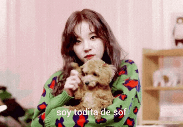 a woman in a green sweater is holding a small brown dog with the words soy todita de sof written below her