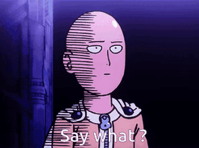a cartoon character with a bald head and the words say what