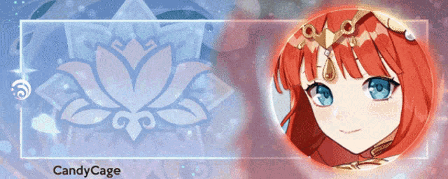 a picture of a girl with red hair and blue eyes with candycage written on the bottom