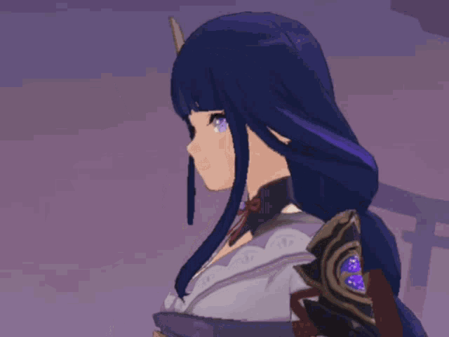 a purple haired anime character with horns on her head stands in front of a purple background