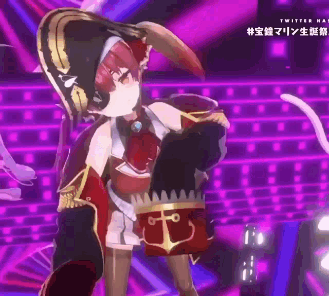 a girl in a pirate costume is dancing on a stage with a cat behind her .