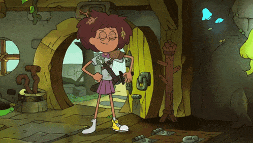a cartoon character is standing in front of a yellow door