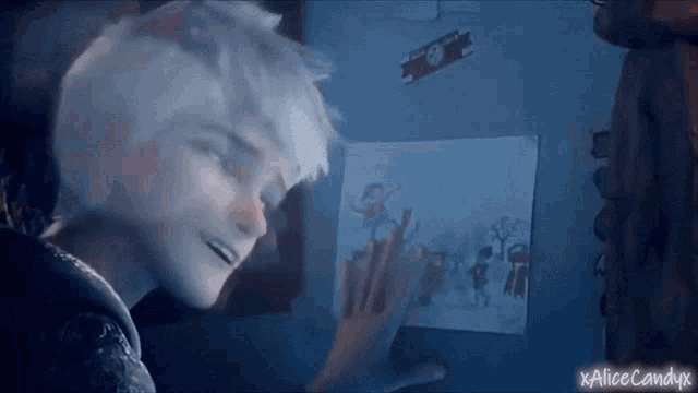 a cartoon character is smiling while looking at a painting on a wall .