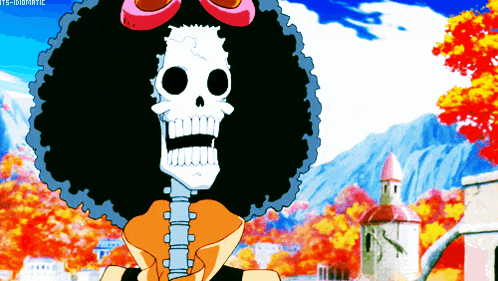 a cartoon of a skeleton with curly hair and a skull head