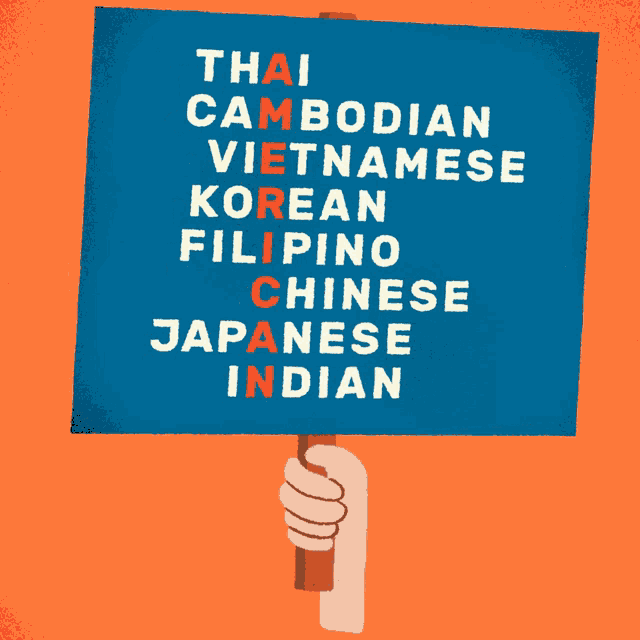a hand is holding a sign that says ' thai cambodian vietnamese korean filipino chinese japanese indian '