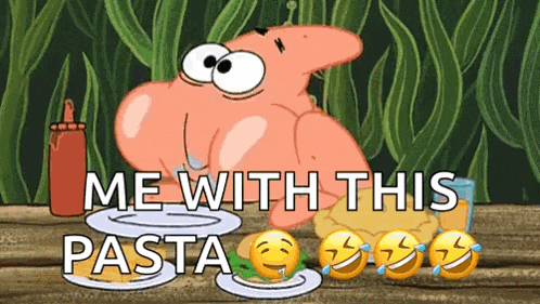 patrick star from spongebob squarepants is sitting at a table with plates of pasta