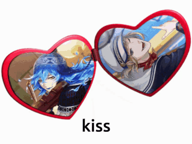 two red heart shaped mirrors with images of anime characters and the word kiss below them