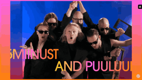 a group of people standing next to each other with the words " minust and puluiu "