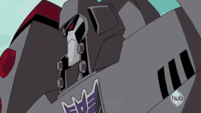 a close up of a robot with a hub logo in the corner