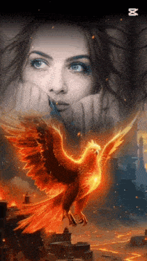 a painting of a woman and a phoenix with the letter m on the bottom right