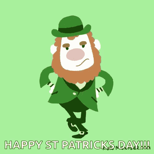 a cartoon leprechaun is dancing with the words happy st patricks day