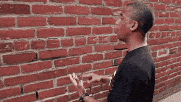 a man is standing in front of a brick wall .