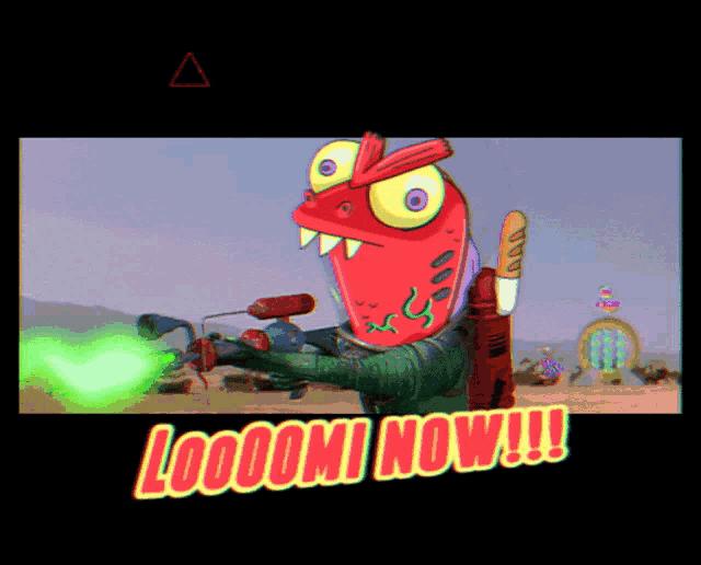 a cartoon character is holding a green flamethrower and says looooomi now